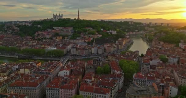 Lyon Tarihi Şehir Merkezinin Havadan Görünüşü Günbatımı Lyon Havası Lyon Video Klip