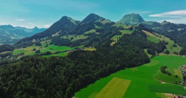 İsviçre geleneksel evleri olan yeşil Alp Vadisi. İsviçre 'nin merkezindeki otantik köy yukarıdan. Yazın güneşli bir günde, cennet gibi İsviçre köyünün havadan çekilmiş görüntüleri..
