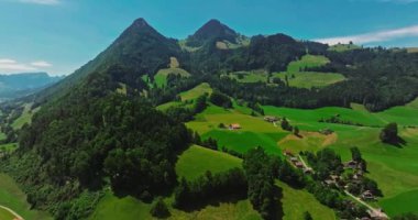 İsviçre geleneksel evleri olan yeşil Alp Vadisi. İsviçre 'nin merkezindeki otantik köy yukarıdan. Yazın güneşli bir günde, cennet gibi İsviçre köyünün havadan çekilmiş görüntüleri..