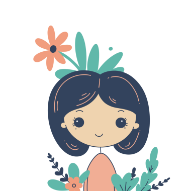 Minimalist ve pastel renkte yapraklarla çevrili gülümseyen bir kızın el çizimi. Çocuk kitapları, tebrik kartları, çocuk odası dekorasyonu ve tuhaf tasarımlar için mükemmel..