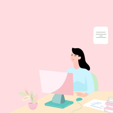 Kadın Çalışma Alanı Tasarımı Masasında Çalışan Bir Kadının Minimalist Ofis İllüstrasyonu