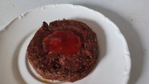 Vegetarisch Gerecht Soja Ronde Schnitzel Hamburger Met Ketchup Tomaat Fastfood — Stockfoto