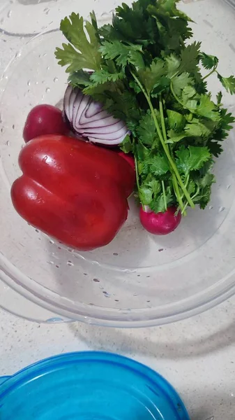 Oignon Rouge Poivron Doux Feuilles Persil Vert Légumes Sur Nourriture — Photo