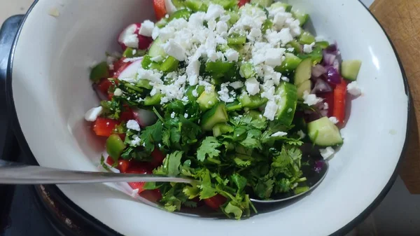 Fresh Vegetable Salad Feta Cheese Cucumbers Tomatoes High Quality Photo — Stock Photo, Image