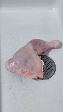 Tavuk eti, çiğ tavuk budu, protein yiyeceği, beyaz arka plan. Yüksek kalite fotoğraf