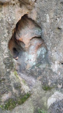 Rocky yosunlu yarık taşı arka plan yaz günü parkı yeşil doğa parkı mağarası gezisi açık hava çekim gezisi. Yüksek kalite fotoğraf