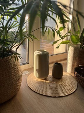 Güneşli bir sabahta yeşil bitkilerle dolu bir masada iki vazo.