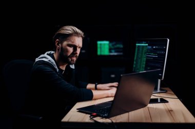 Bilgisayar sistemlerine girerken masasında modern bilgisayarlarla oturan konsantre sakallı programcının yan görüntüsü. Karanlık atmosfer yeraltında saklanıyor..