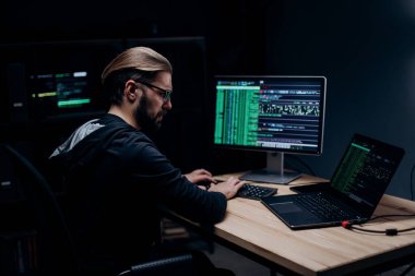 Gözlüklü ve sıradan kapüşonlu yetişkin bir adamın siber saldırılar için programları olan bilgisayar ekipmanları kullanışının yan görüntüsü. Gizli odada karanlık bir atmosfer.