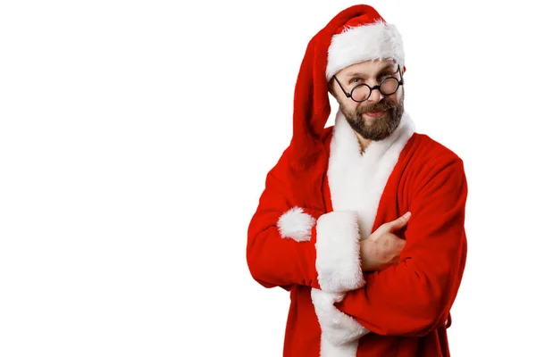 Vtipný Zralý Muž Tradičním Červeném Santa Klobouku Oblečení Držící Ruce — Stock fotografie