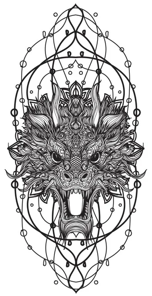 タトゥーアートドラゴン手描きスケッチ ブラックとホワイト — ストックベクタ