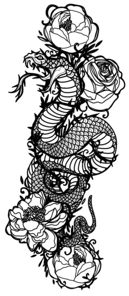 Tatuaje Arte Serpiente Flor Mano Dibujo Boceto — Archivo Imágenes Vectoriales