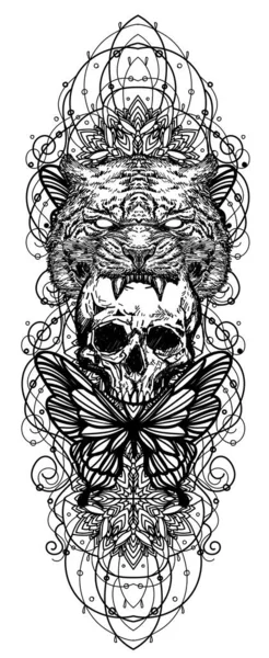Tatuagem Arte Crânio Borboleta Tigre Esboço Preto Branco — Vetor de Stock