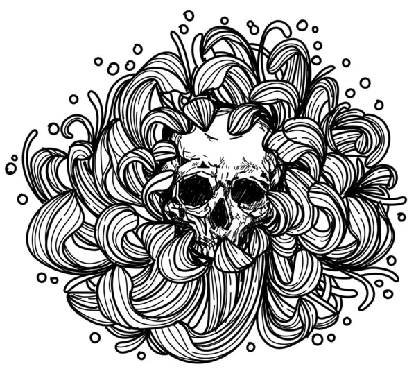 Татуировка Искусства Цветок Центре Цветка Является Череп Эскиз Черно Белый — стоковый вектор