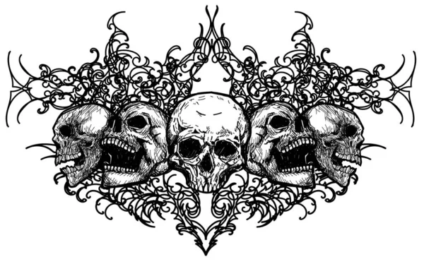 Dibujo Del Cráneo Del Arte Del Tatuaje Blanco Negro — Vector de stock