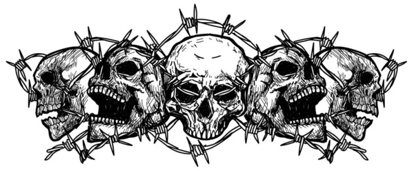 Tatuaje Arte Cráneo Envuelto Alambre Púas Boceto Blanco Negro — Vector de stock