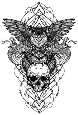 Dövme sanat baykuşu kaplan yılan ve kafatası siyah ve beyaz
