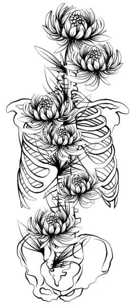 Diseño Del Tatuaje Esqueleto Flores Blanco Negro — Archivo Imágenes Vectoriales