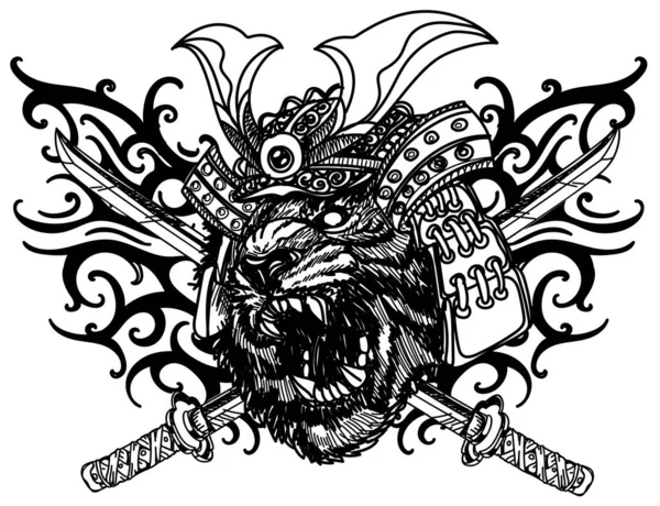 Tatuaje Arte Tigre Usando Casco Guerrero Japonés Espada Dibujo Boceto — Archivo Imágenes Vectoriales