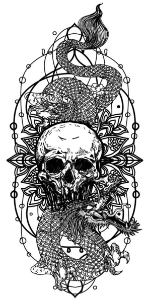 Tatuagem Arte Crânio Dragão Esboço Preto Branco — Vetor de Stock