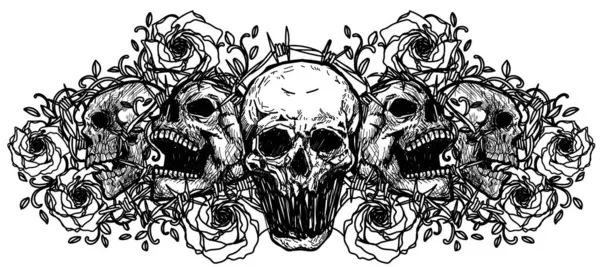 Tattoo Art Skull Rose Flower Sketch Black White — Stock Vector