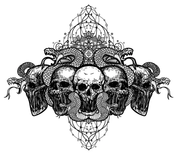 Tatouage Art Crâne Croquis Noir Blanc — Image vectorielle