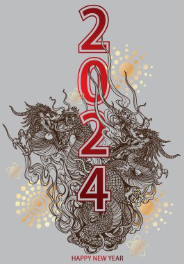 Mutlu yıllar festival ejderhası 2024 Gri arka plan