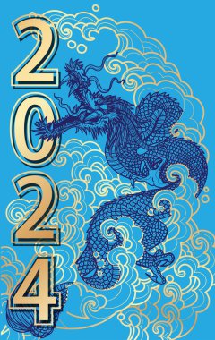 Mutlu yıllar festival ejderhası mavi porselen ve altın su yüzeyinde