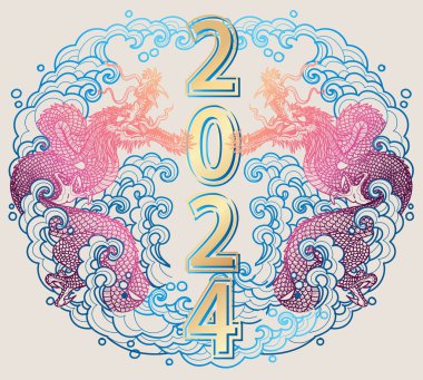 Mutlu Yıllar Festivali 2024 İki ejderha Mavi Su Dalgaları