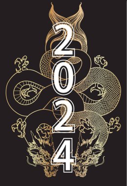 Yeni Yıl Festivali 2024 Ejderhalar Altın Porselen Siyah Arkaplan