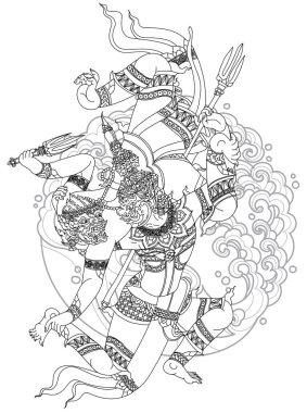 Tayland edebiyatında maymun ve dev. Suyun içinde kavga ediyorlar. Çizim ve çizim yapıyorlar.