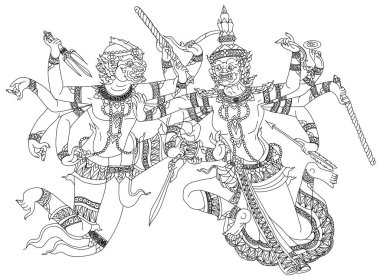 Tayland edebiyatında maymun ve dev dövüşü el çizimi ve çizimi