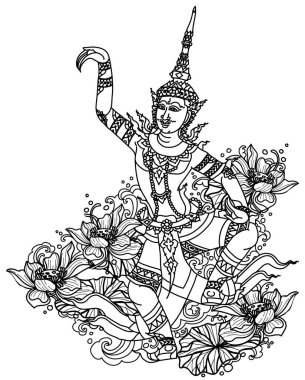 Tai edebiyatında dövme sanat meleği ve lotus el çizimi ve çizimi.