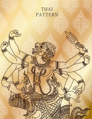 Tayland desenli sanat maymunu edebiyatı altın arka planda thai