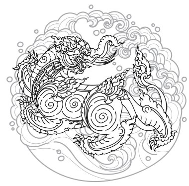 Tayland dövmeli filin vücudu kaplana benzer. El çizimi ve çizimi siyah beyaz