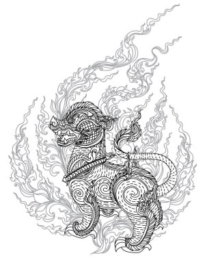 Tayland desenli kaplan el çizimi ve çizimi siyah beyaz