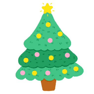 A green Christmas tree with a star on top. The tree is decorated with many ornaments