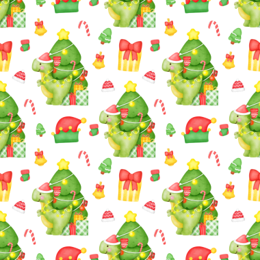 A pattern of Christmas decorations with a dinosaur on top of a tree. The tree has a star on it