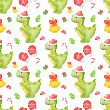 A green dinosaur with a red bow on its head and a Santa hat. The dinosaur is surrounded by Christmas decorations such as a bell, a tree, and candy canes