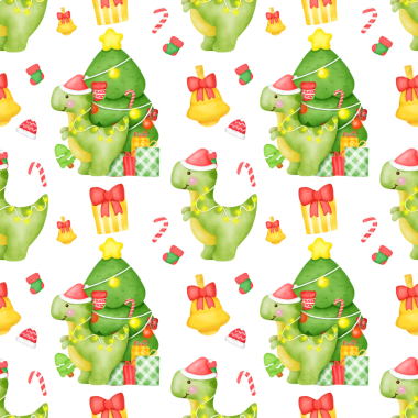 A pattern of green dinosaurs and a Christmas tree. The tree is decorated with lights and a star