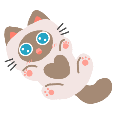 A cartoon cat is wearing a white costume and has blue eyes. The cat is laying on its back with its paws on its chest