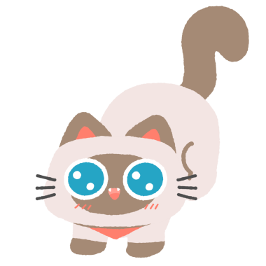 A cartoon cat with blue eyes and a pink collar. It is wearing a white outfit. The cat is standing up and looking at the camera