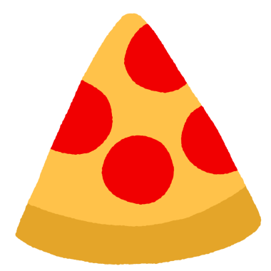 Kırmızı pepperonili bir pizza karikatürü. Pizza ikiye bölünmüş ve toplam sekiz dilimi var.