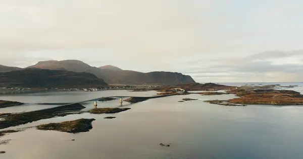 Stock image Fredvang Bridges Connecting the Islands at Volandstind, Lofoten: Aerial View at Dawn. High quality 4k footage