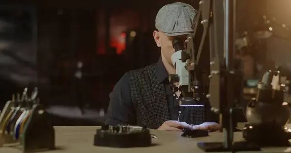 stock image Jeweler Examining Ring Under Warm Lamp Light in Dark Workshop. High quality 4k footage