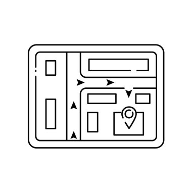 Doğrusal biçim simgesinde yol gösterici. Harita çizgisi simgesi. Yol tabelası. Yolculuk mesafesi sembolü. Kalite tasarım elemanı. Doğrusal biçim haritası simgesi.