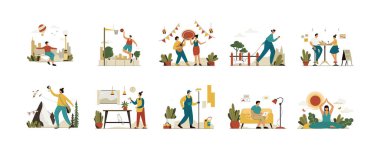 Şarkı söylemek, evi boyamak, evde çalışmak, basketbol sporu, seyahat, kadın yürüyüşü. Yaşam Vektörleri İllüstrasyon Düzlüğü
