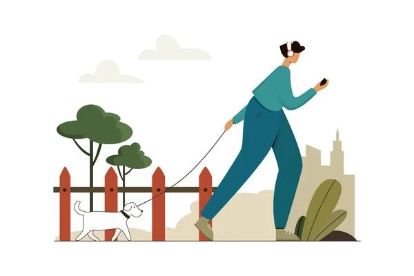 Woman Walking Dog Life Vectors Illustration Flat — Stock Vector