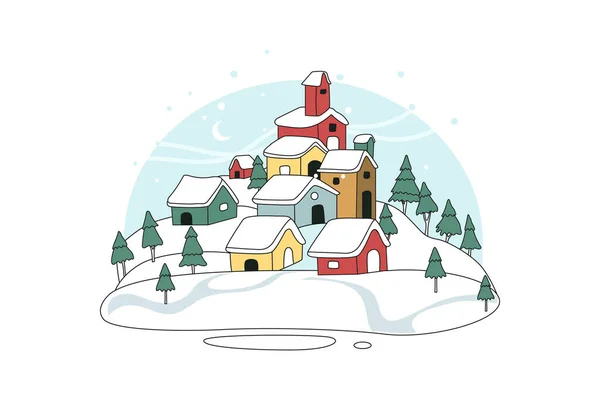 Snowy Village Illustrazione Piatta — Vettoriale Stock
