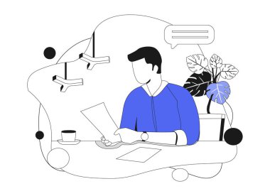 Ofis personelinde akıllı telefon ve bir fincan kahveyle doküman okuyan genç adam, düz vektör çizimi.